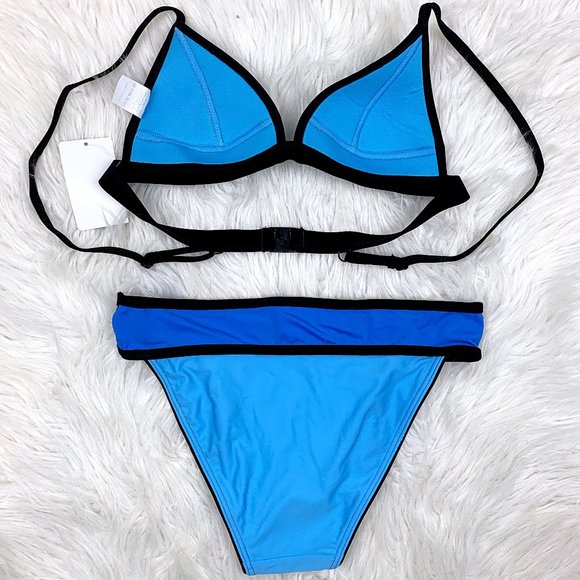 Blue Neo Piped Colorblock Banded Triangle Bikini - Picture 4 of 11